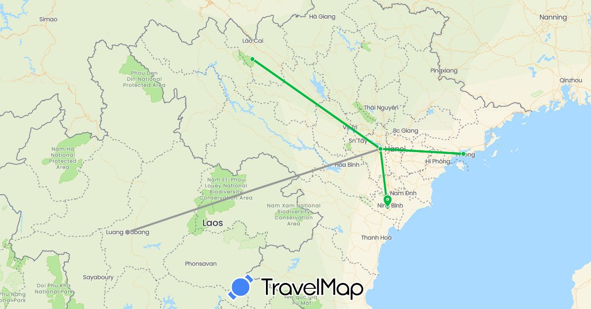 TravelMap itinerary: driving, bus, plane in Laos, Vietnam (Asia)