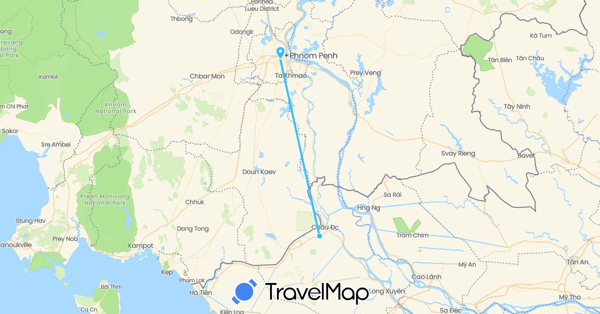 TravelMap itinerary: driving, boat in Cambodia, Vietnam (Asia)