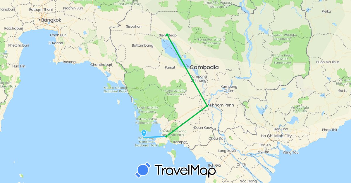 TravelMap itinerary: driving, bus, boat in Cambodia (Asia)