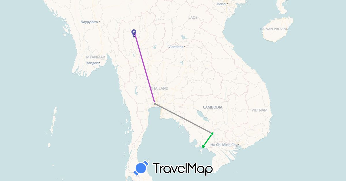 TravelMap itinerary: driving, bus, plane, train in Cambodia, Thailand (Asia)