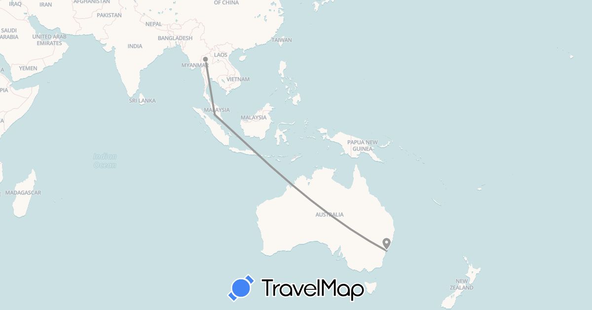 TravelMap itinerary: driving, plane in Australia, Malaysia, Thailand (Asia, Oceania)